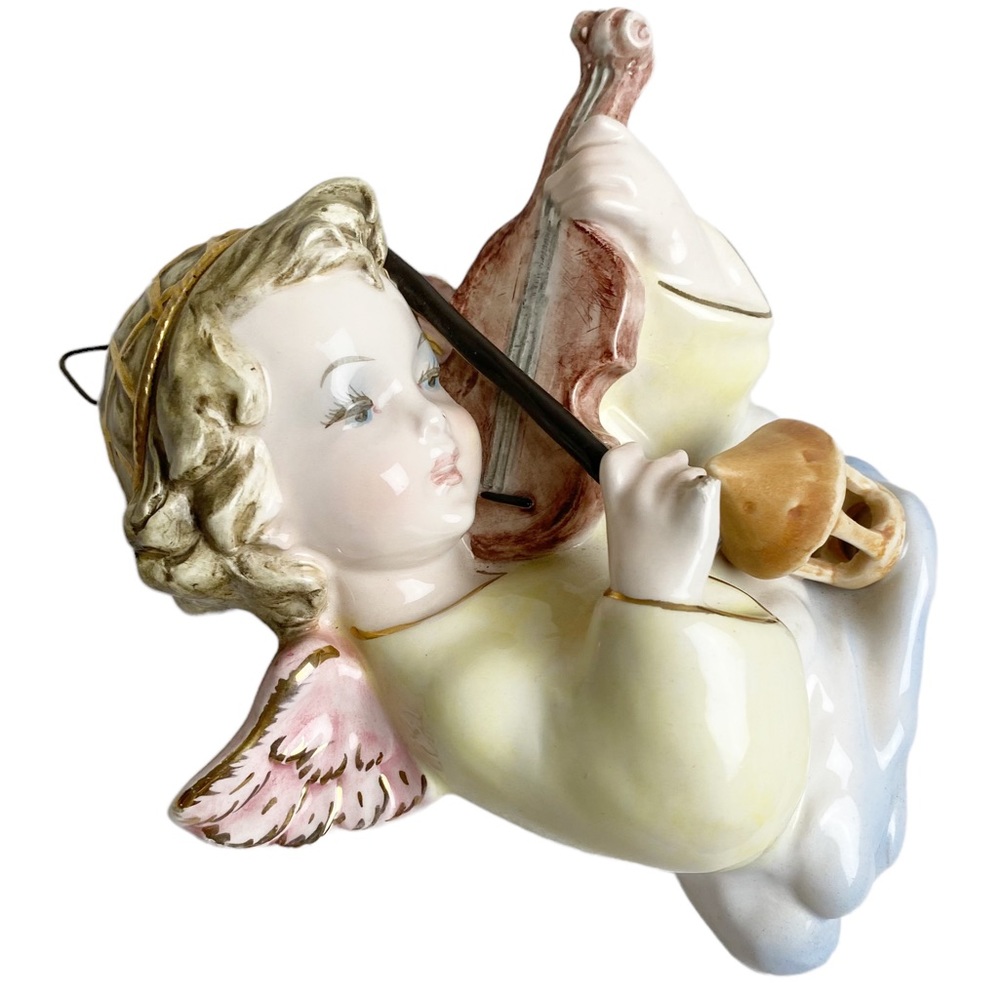 Vintage Italy porcelain cherub playing violin lantern metal hook 6”x6” Victorian - Picture 2 of 9